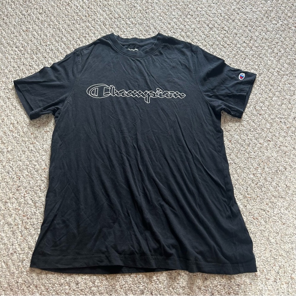 Champion Black Short Sleeve Logo Tee Womens Medium Graphic Print 100% Cotton